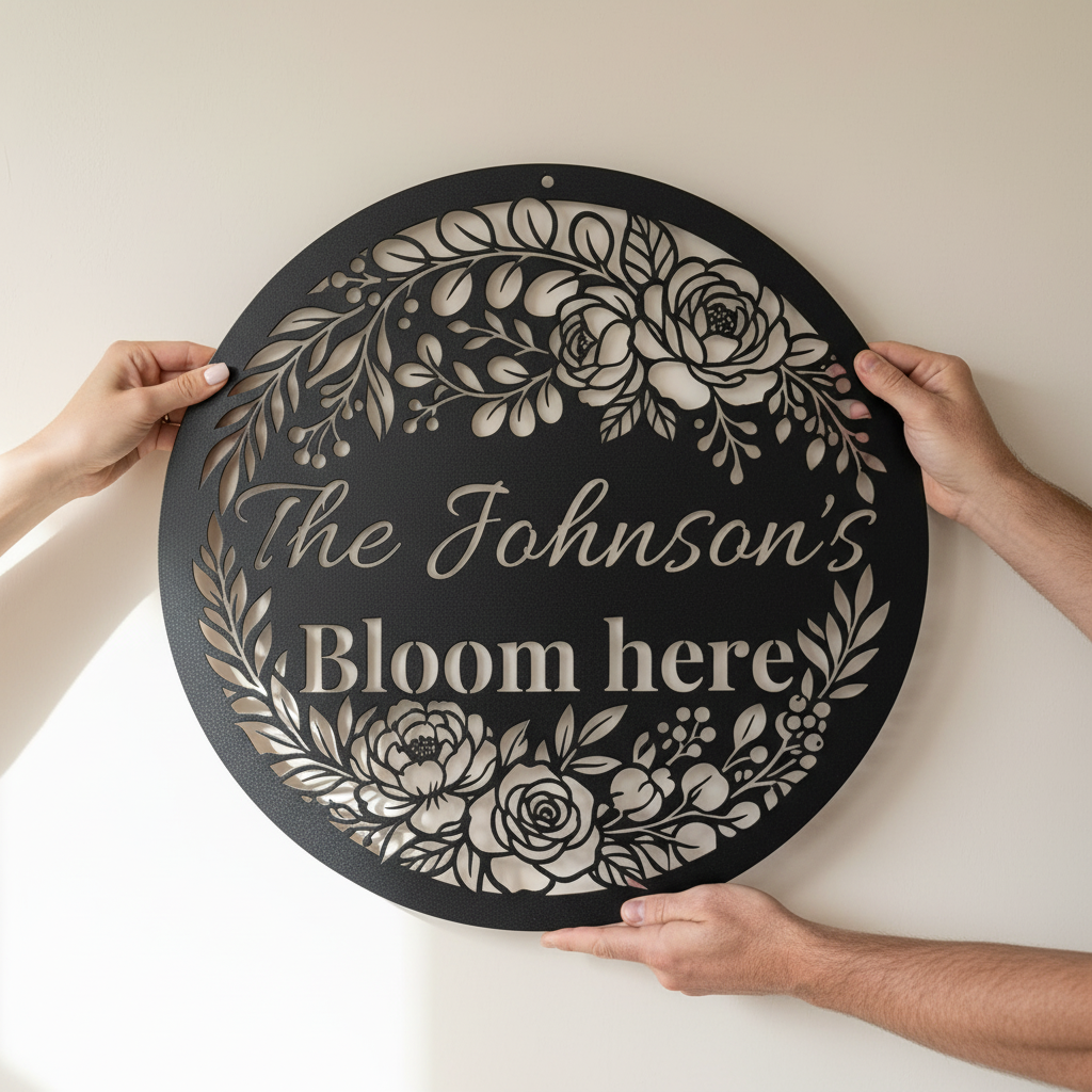 Personalisiertes Familienschild Bloom Here mit Blumen aus rundem schwarzem Stahl – Bild 9