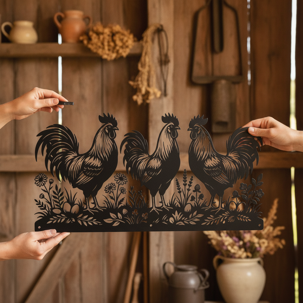 Personalized rooster farmhouse metal sign with farm name in black steel – image 3