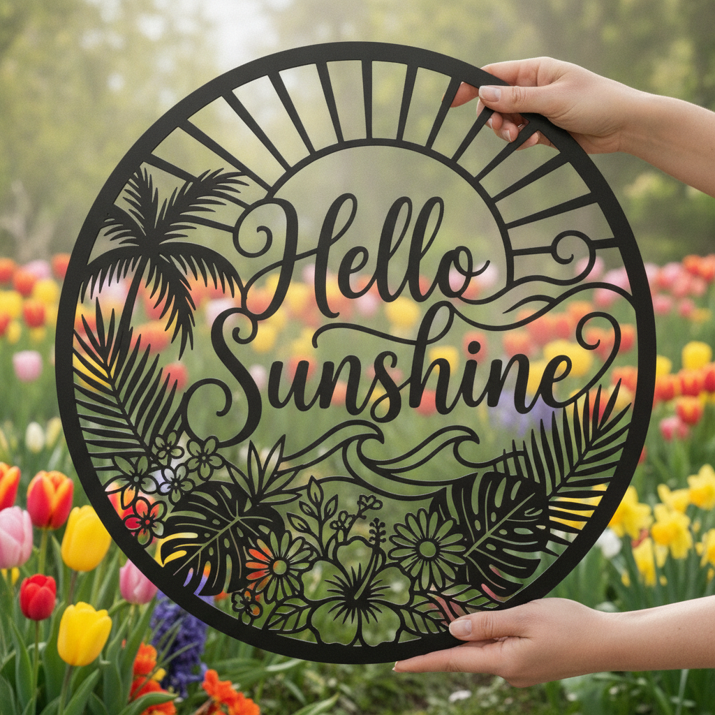 Rundes Metallschild Hello Sunshine mit Palmen, Sonne und Meer aus schwarzem Stahl – Bild 3