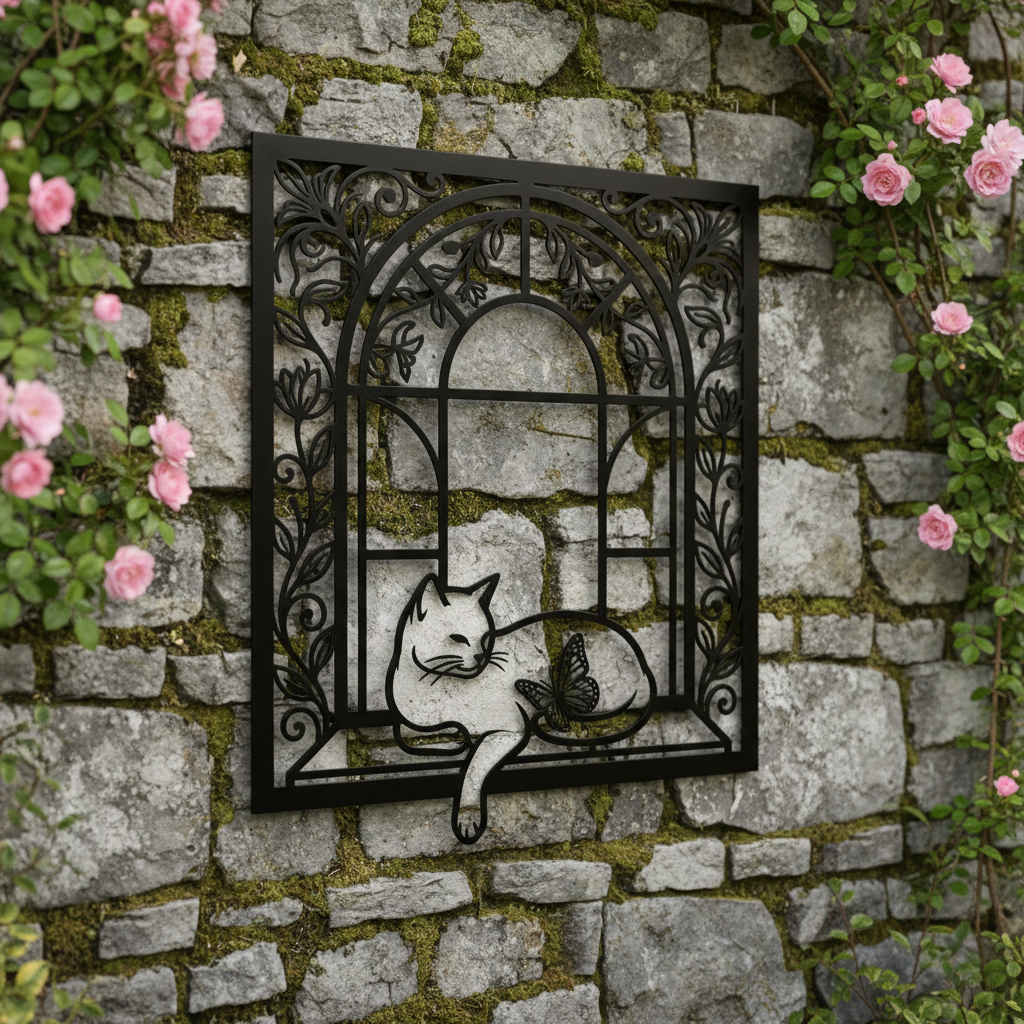 Katze im Bogenfenster Metallschild