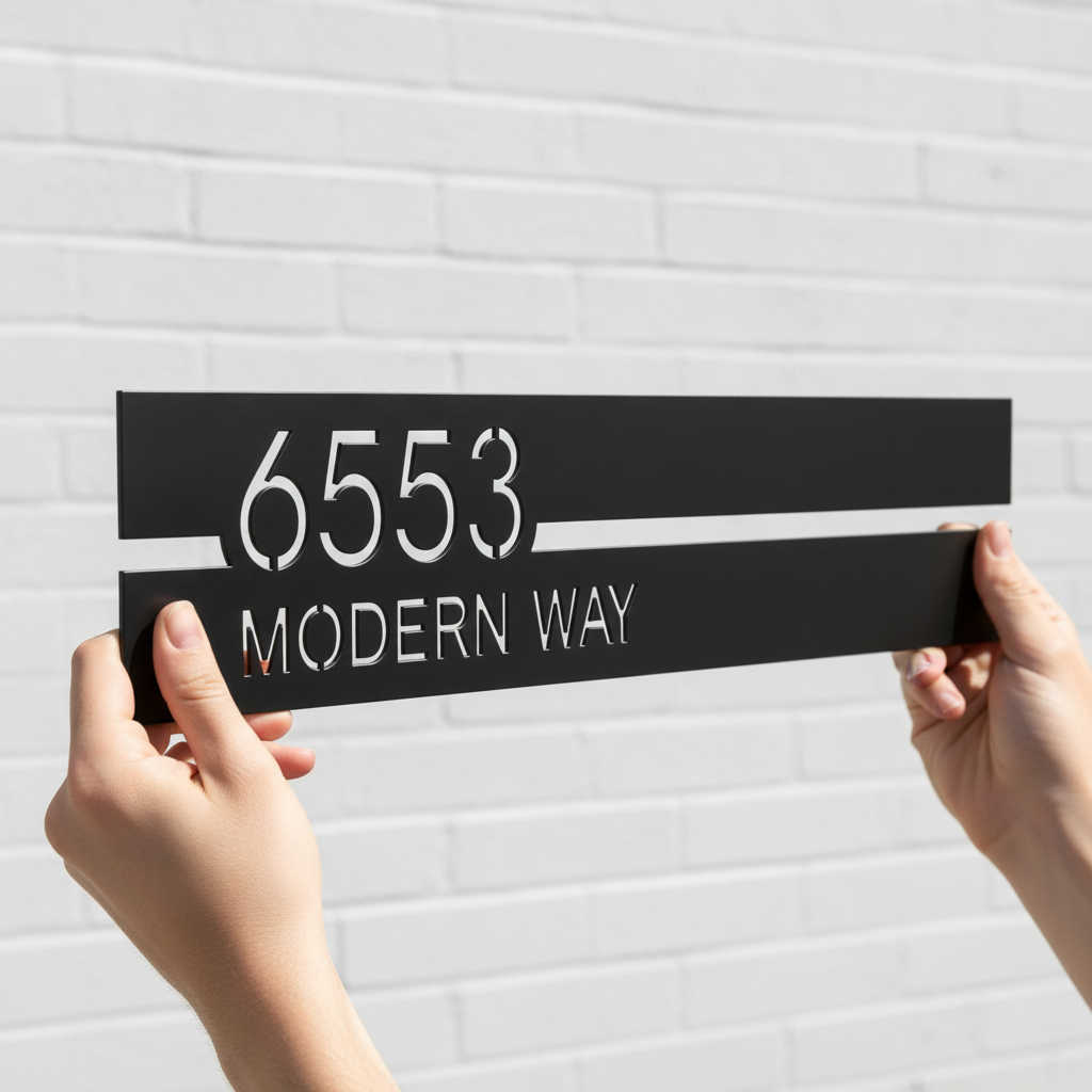 Modernes Hausnummernschild mit Straßenname als schlichtes Adressschild aus Stahl – Bild 9