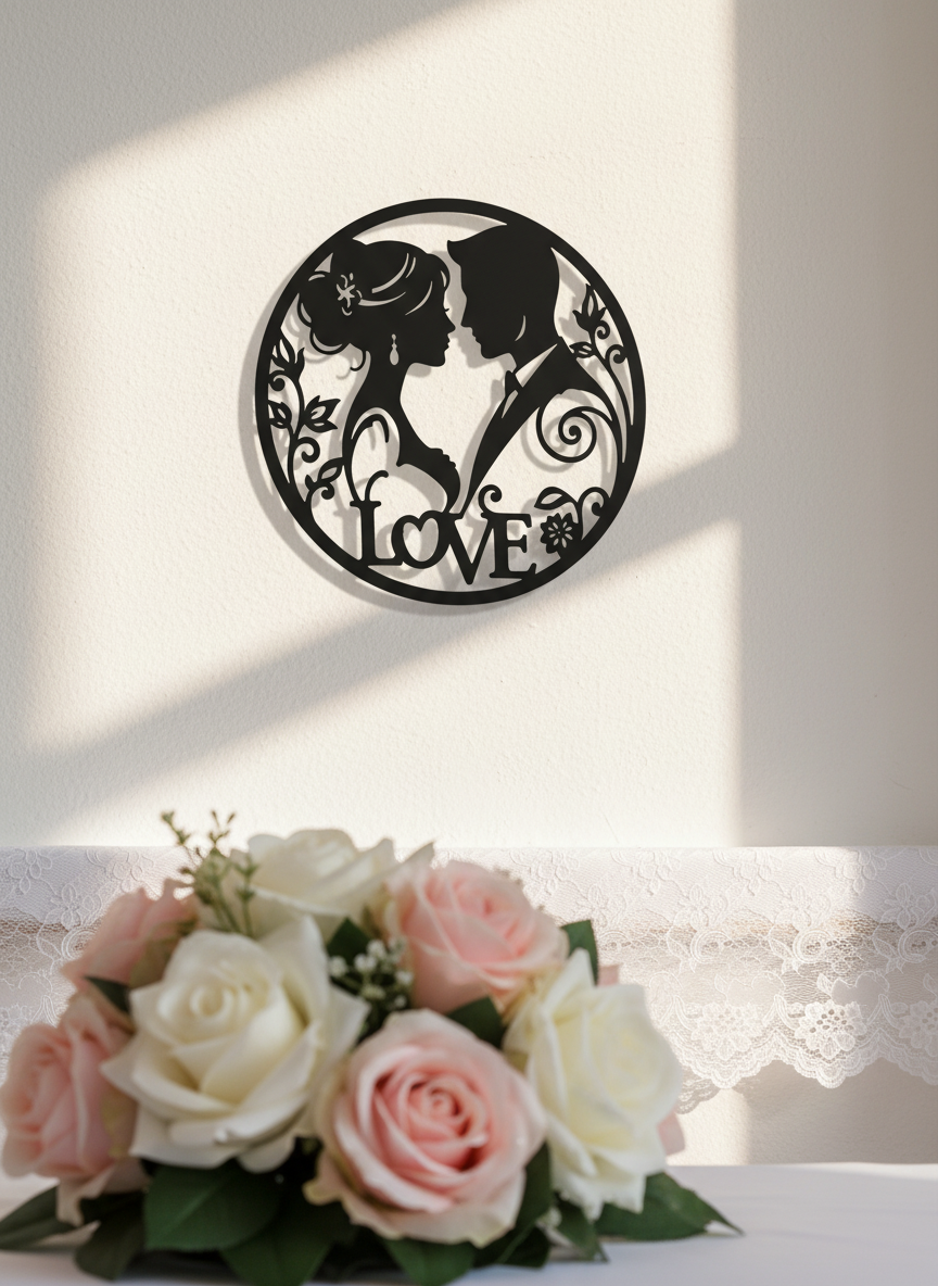 Round bride and groom silhouette metal wall art in black steel – image 6