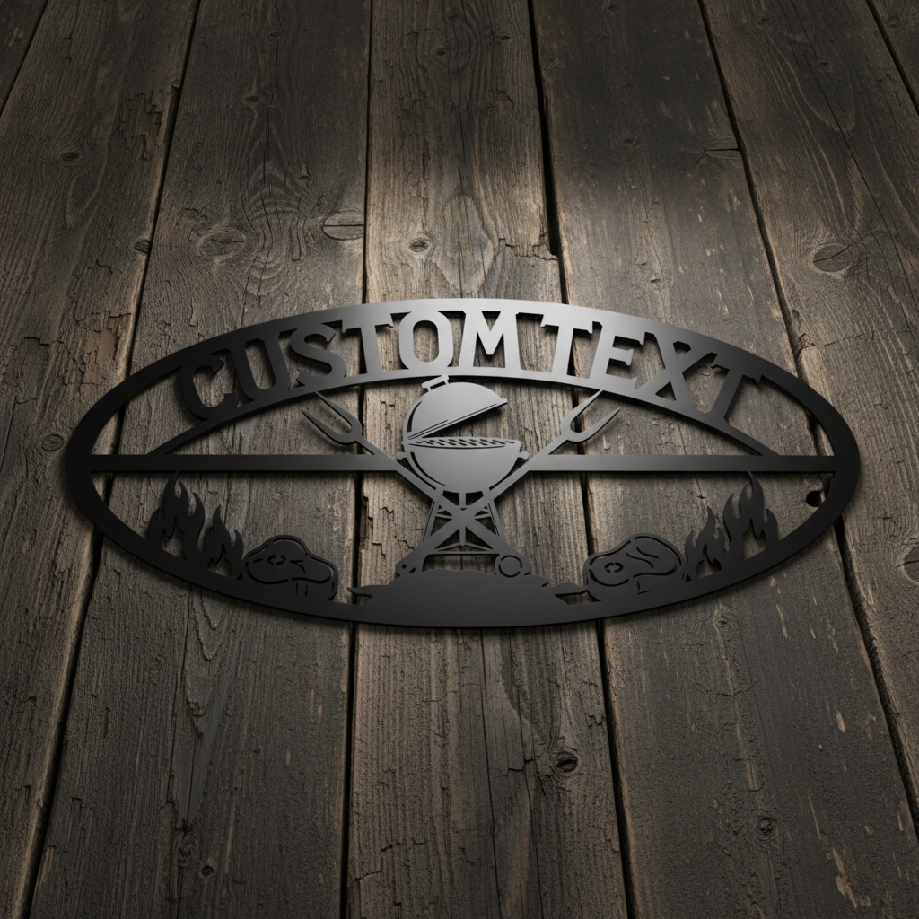 Personalized oval BBQ grill sign with steaks and name in black steel – image 6