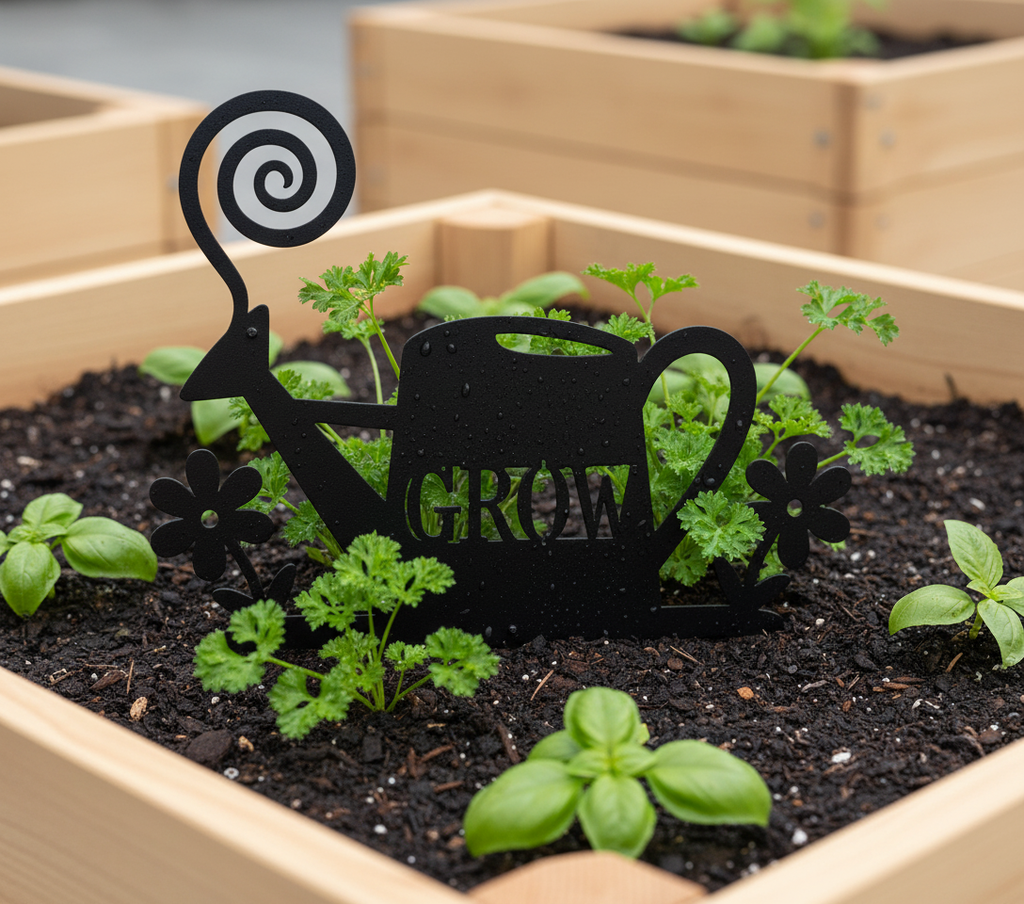 Metallschild Gießkanne mit Blumen aus schwarzem Stahl als Gartendeko – Bild 9