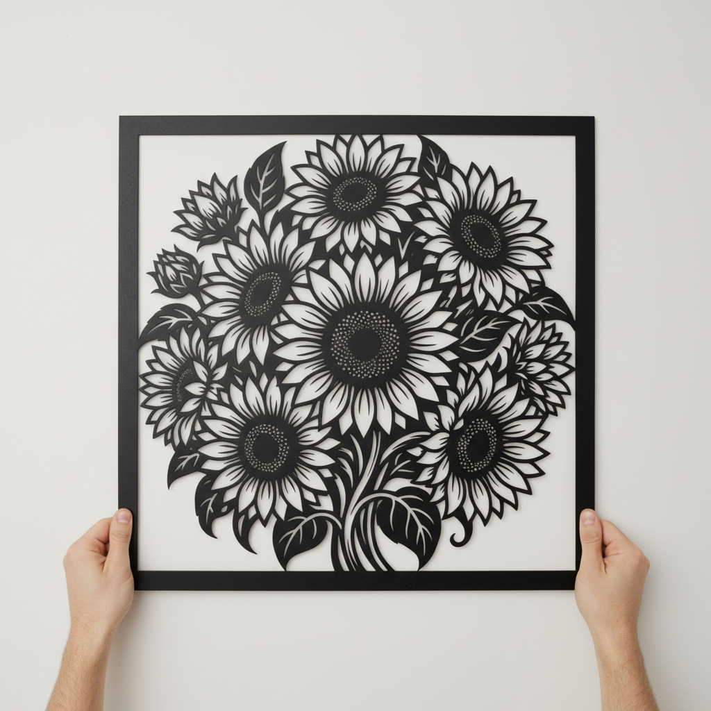 Quadratische Sonnenblumen Wanddeko aus Metall mit Sonnenblumenstrauß aus schwarzem Stahl – Bild 4