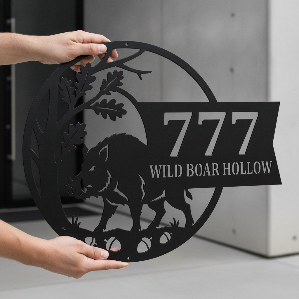 Personalisiertes Wildschwein Eiche Hausnummer rundes Metallschild – Bild 5