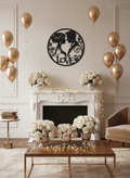 Round bride and groom silhouette metal wall art in black steel