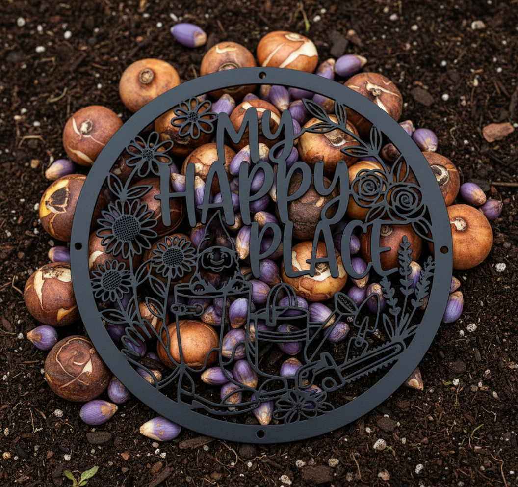 Round My Happy Place garden gnome sign with flowers in black steel – image 10