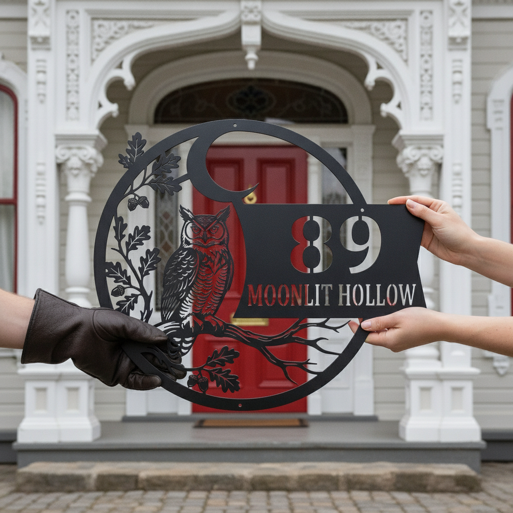 Personalized owl house number sign with crescent moon in black steel – image 9