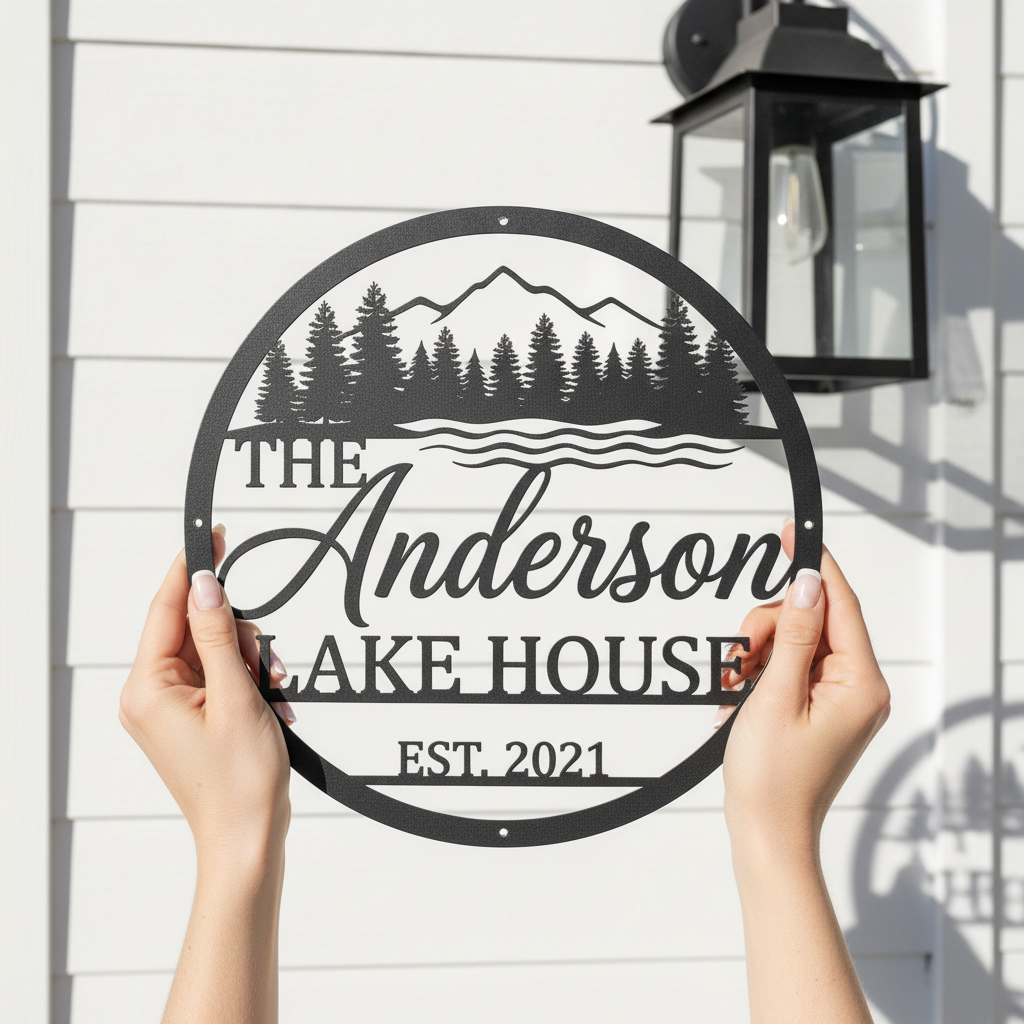 Personalized round lake house sign with mountains and pine trees in black steel – image 10