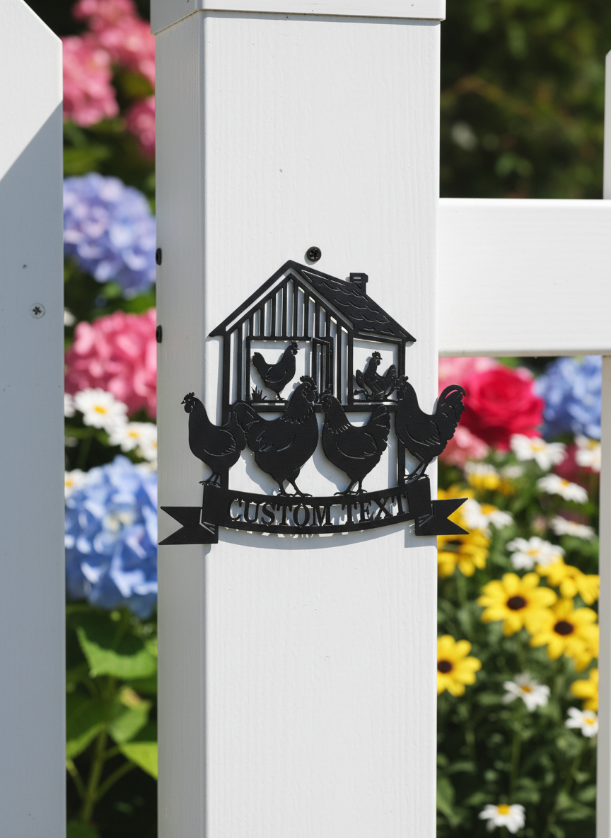 Personalisierter Gartenstecker Hühnerstall mit Hennen und Hahn aus schwarzem Stahl – Bild 2