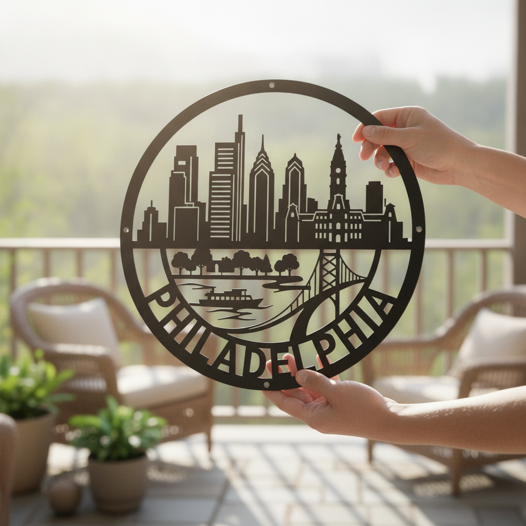 Round Philadelphia skyline metal sign with bridge in black steel – image 3