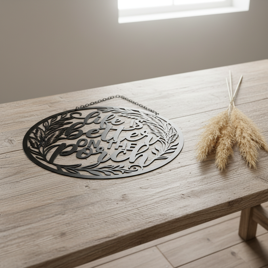 Rundes Boho Metallschild mit Pampasgras und Spruch aus schwarzem Stahl – Bild 2