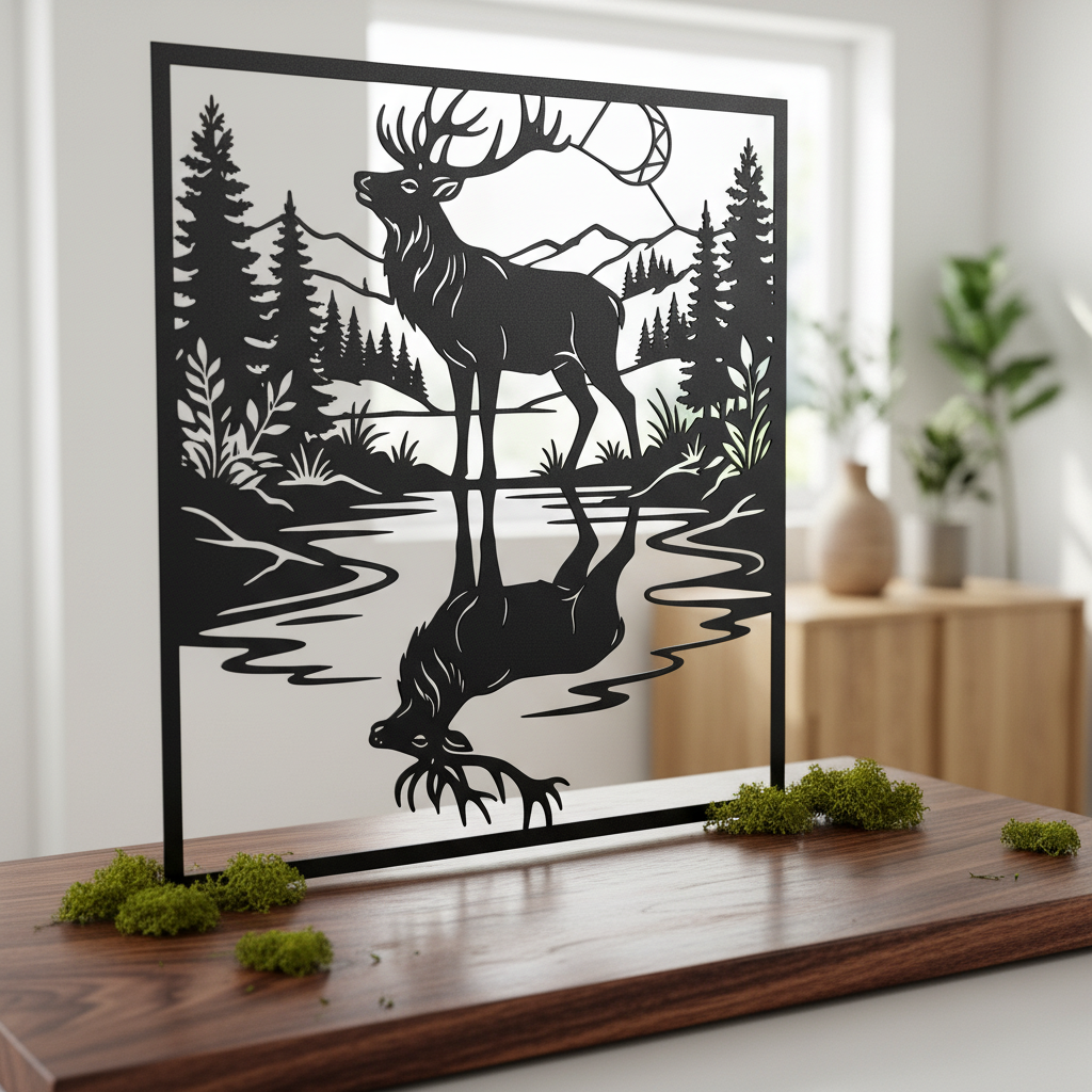Hirsch mit Spiegelbild im See vor Bergen und Tannenwald, quadratisches Metallschild – Bild 7