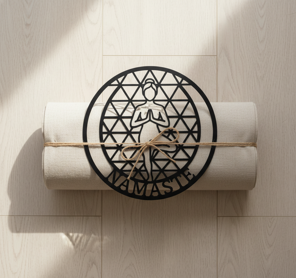 Runde Yoga Wanddeko aus Metall mit Namaste, Baumpose und heiliger Geometrie – Bild 9