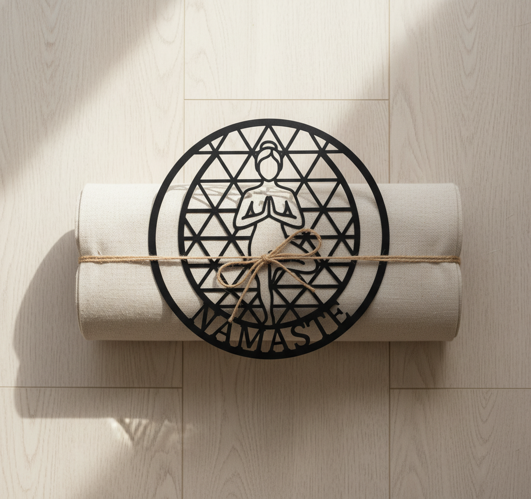 Runde Yoga Wanddeko aus Metall mit Namaste, Baumpose und heiliger Geometrie – Bild 9