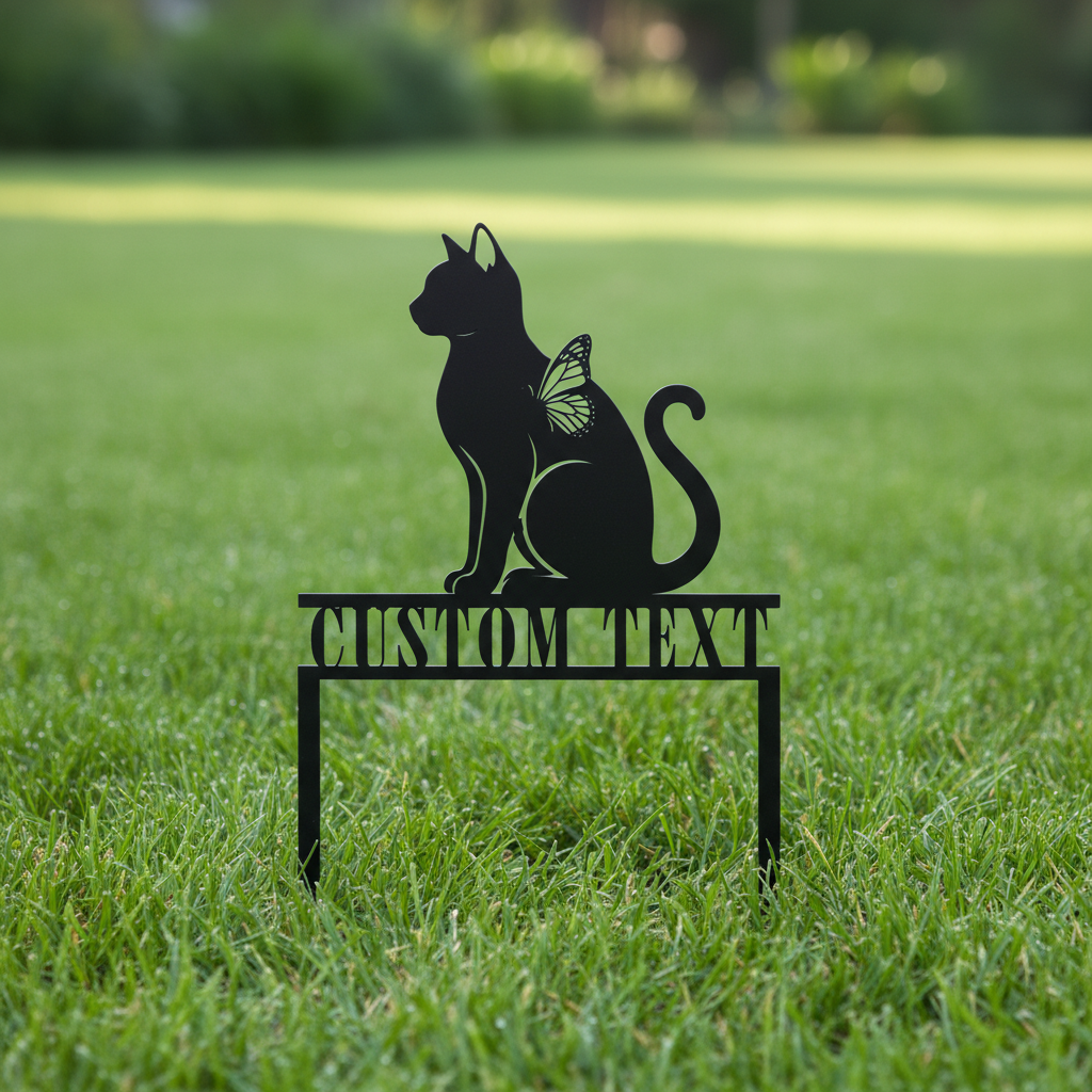 Personalized cat and butterfly memorial garden stake with name in black steel – image 2