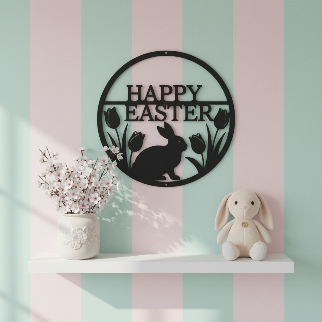 Rundes Osterhase Metallschild mit Tulpen und Happy Easter aus schwarzem Stahl – Bild 10