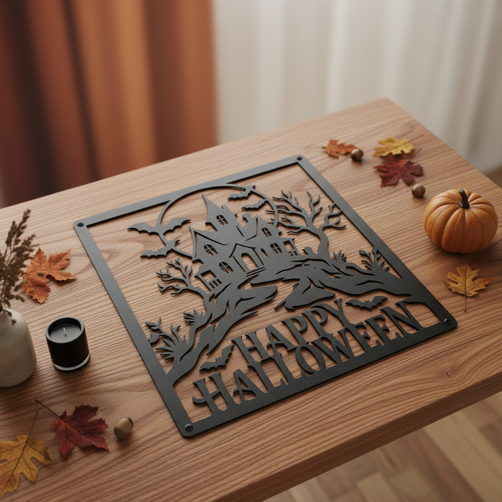 Quadratisches Halloween Metallschild mit Spukhaus, Vollmond und Fledermäusen – Bild 7