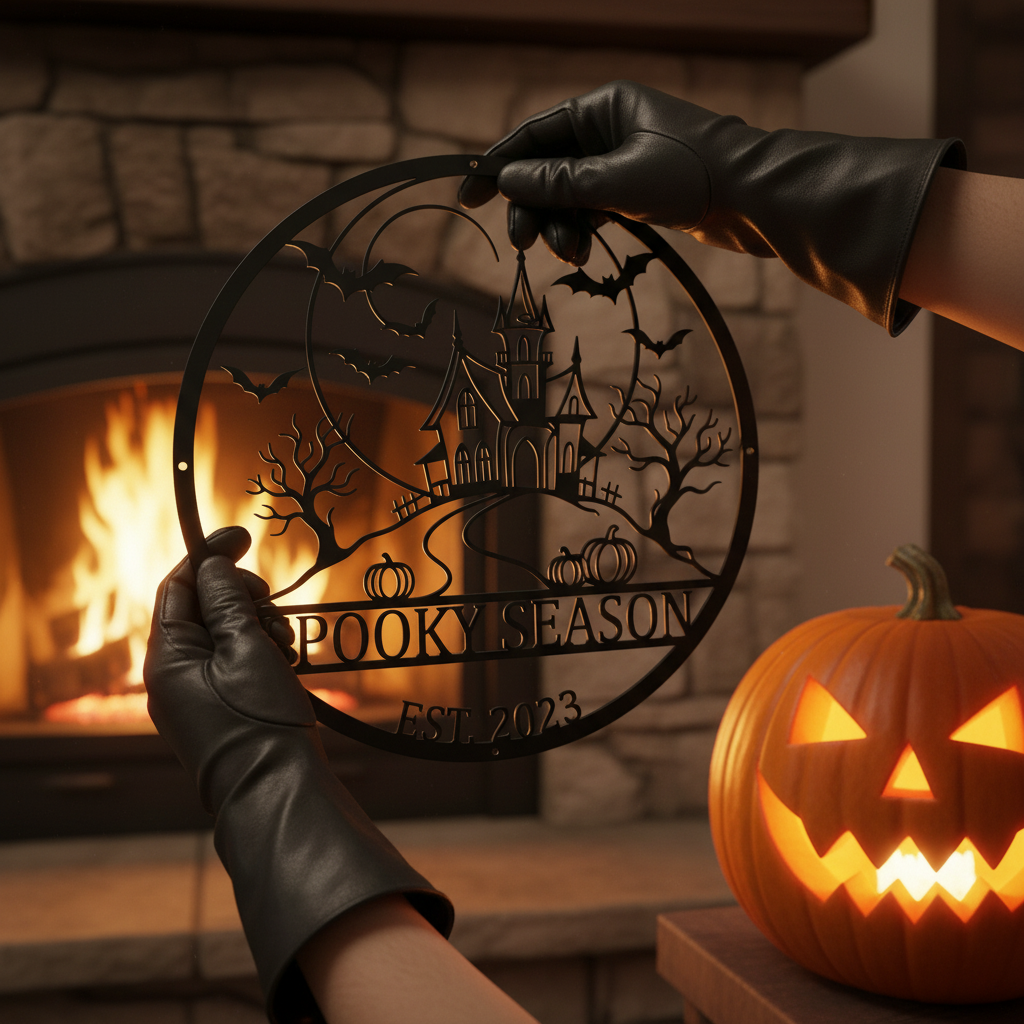 Personalisiertes Halloween Schild mit Spukhaus und Spooky Season aus schwarzem Stahl – Bild 6