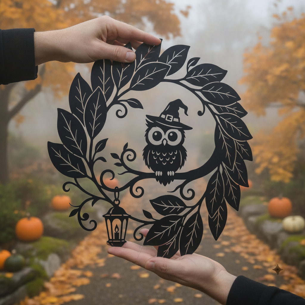 Round Halloween witch and owl metal sign with lantern and leaf wreath – image 4