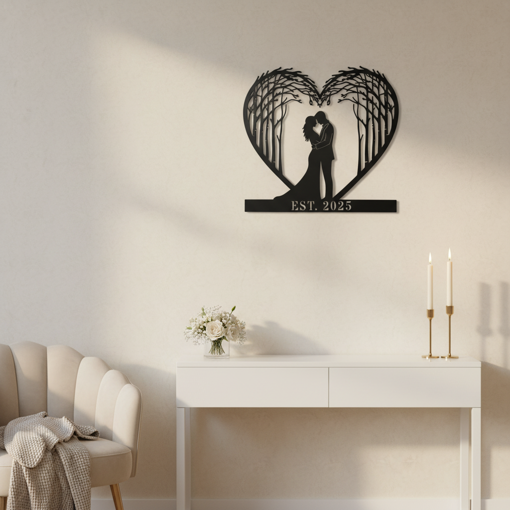 Personalized couple tree metal sign with heart, names and year in black steel – image 5