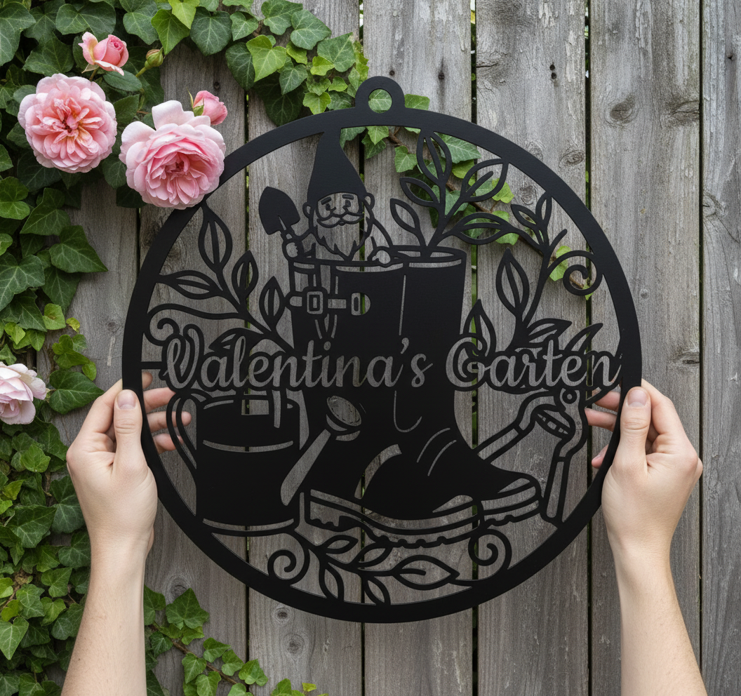 Personalisiertes Gartenschild mit Namen als Gartendeko aus schwarzem Stahl