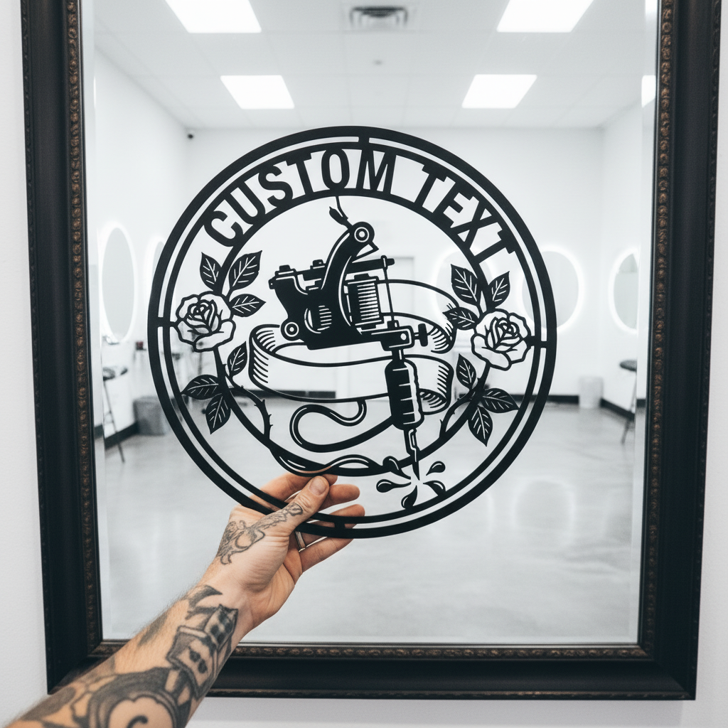 Personalisiertes rundes Tattoostudio Schild mit Tattoomaschine und Rose aus schwarzem Stahl – Bild 2