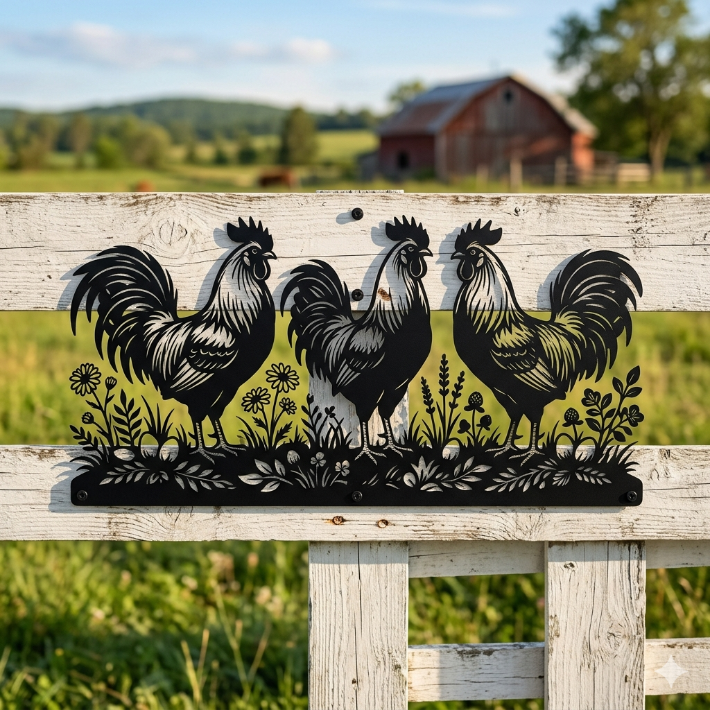 Personalized rooster farmhouse metal sign with farm name in black steel