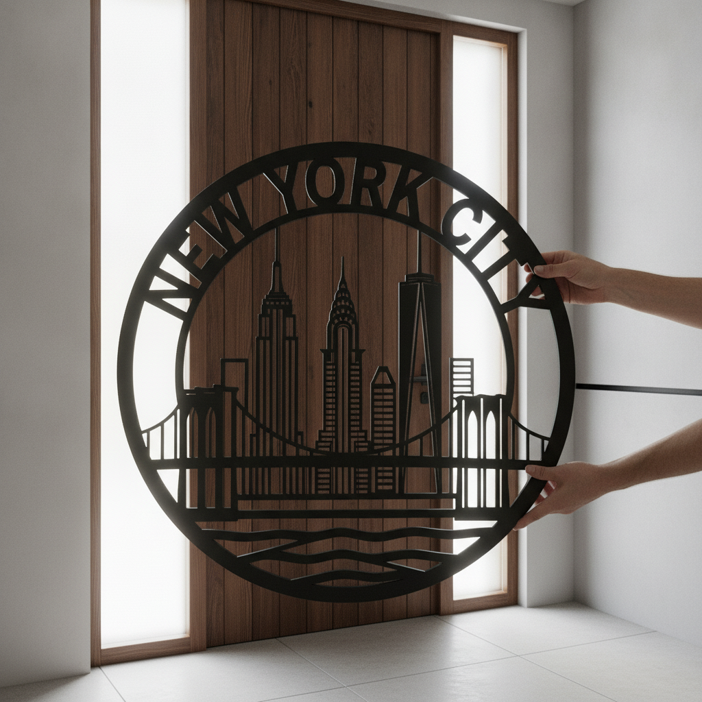 Round New York City skyline metal sign with Manhattan silhouette in black steel – image 6