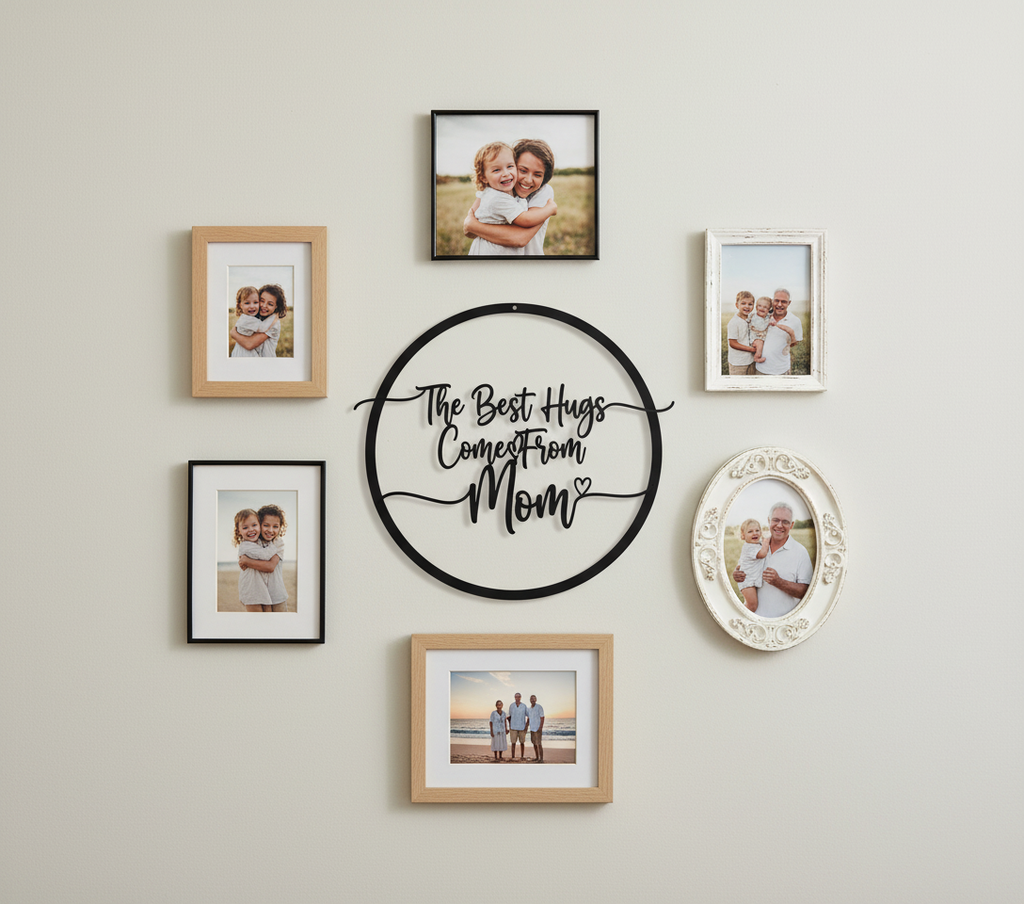 Round metal sign The best hugs come from Mom in black steel – image 8
