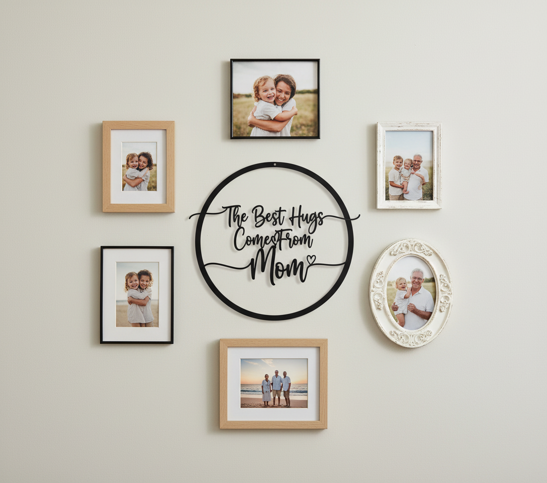 Round metal sign The best hugs come from Mom in black steel – image 8