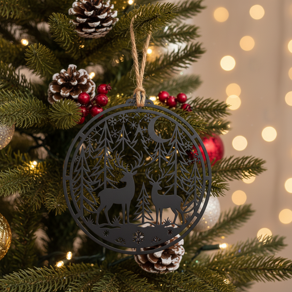 Personalisiertes Weihnachtsschild mit Hirsch im Winterwald in Weihnachtskugel aus Stahl – Bild 6