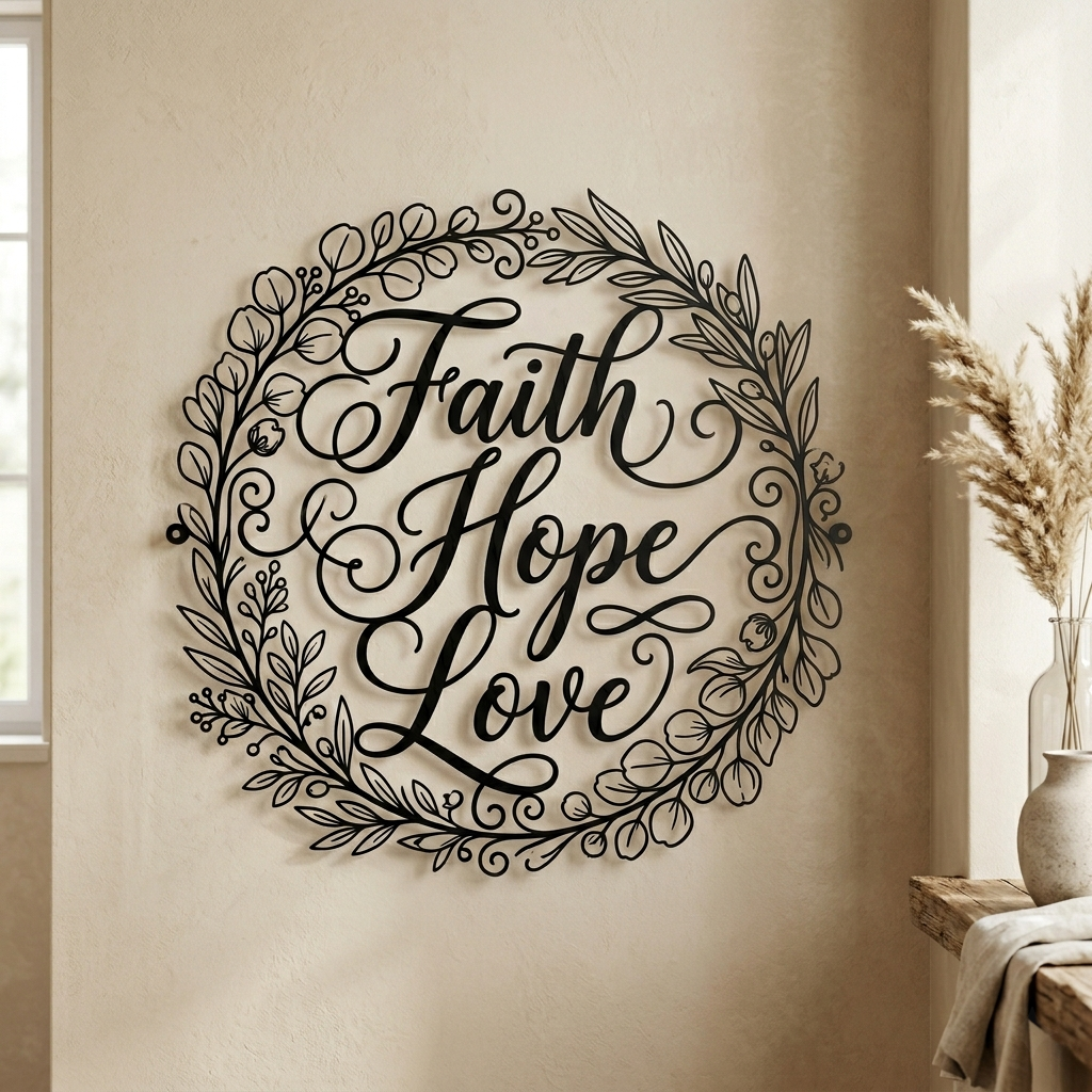 Faith Hope Love Kranz Metallschild rund – Bild 1