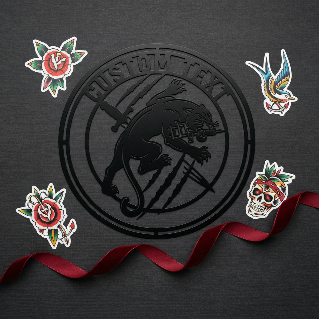 Personalized round tattoo studio sign with panther, tattoo machine and dagger in steel – image 4