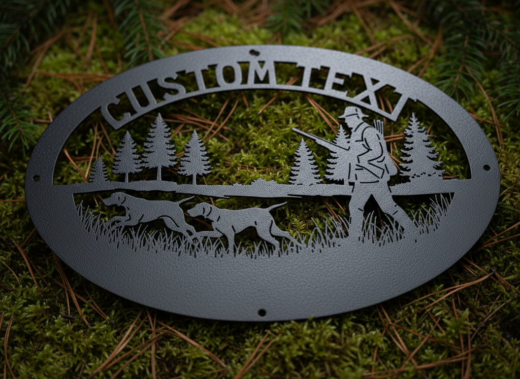 Personalisiertes ovales Jagdschild mit Jäger und Jagdhunden aus schwarzem Stahl – Bild 10