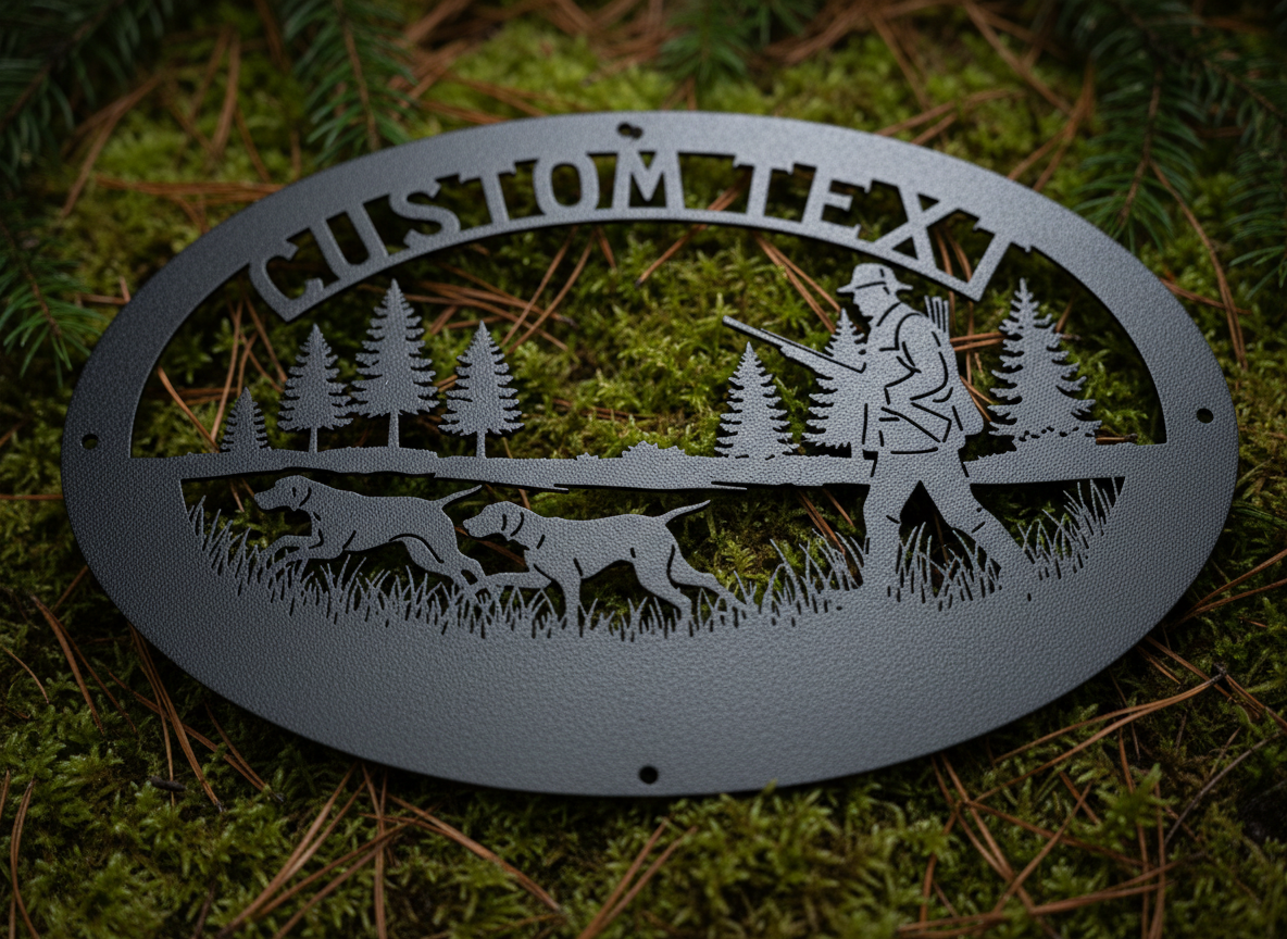 Personalisiertes ovales Jagdschild mit Jäger und Jagdhunden aus schwarzem Stahl – Bild 10