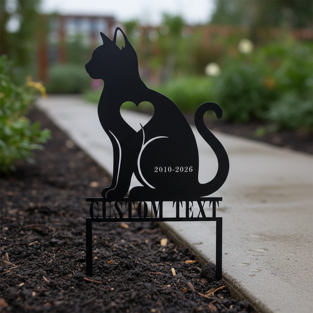 Personalized heart-shaped cat memorial garden stake with name in black steel – image 4