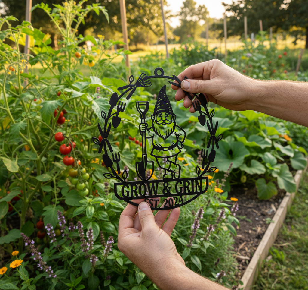 Personalisiertes Gartenschild mit Gartenzwerg und Schaufel im Blätterkranz aus schwarzem Stahl – Bild 4