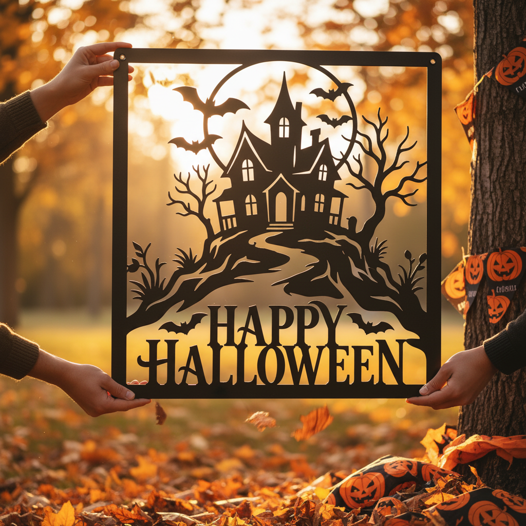 Quadratisches Halloween Metallschild mit Spukhaus, Vollmond und Fledermäusen – Bild 6