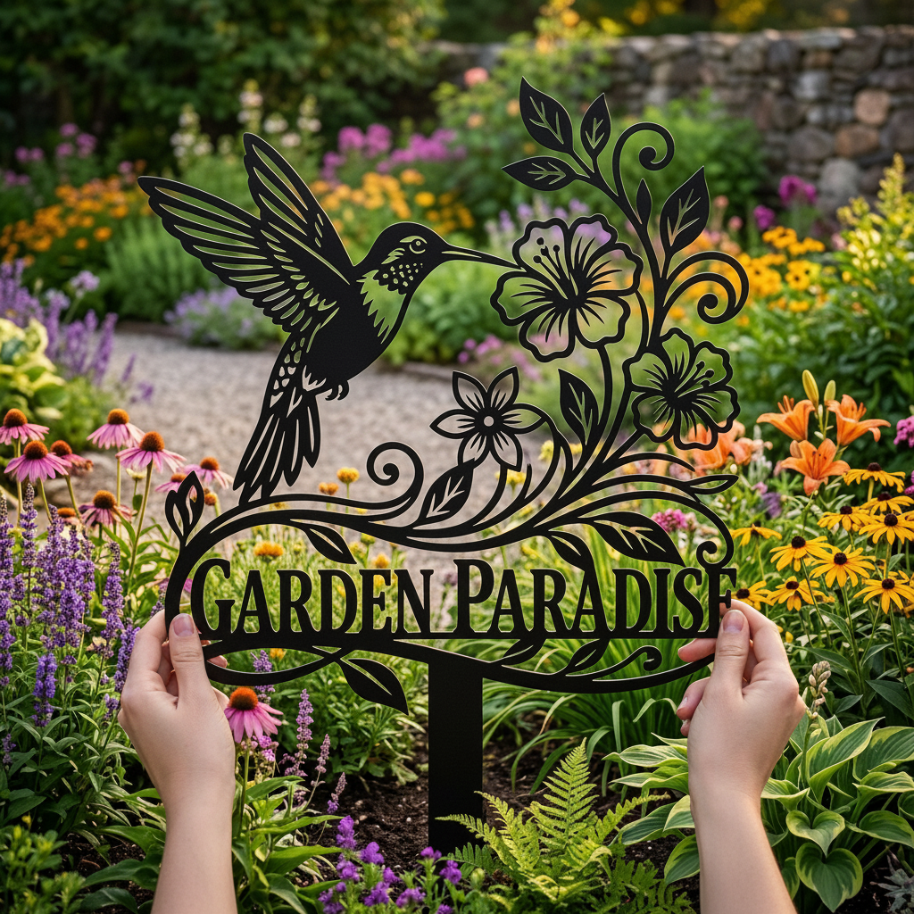 Hummingbird garden stake with flowers in black steel for beds and planters – image 5