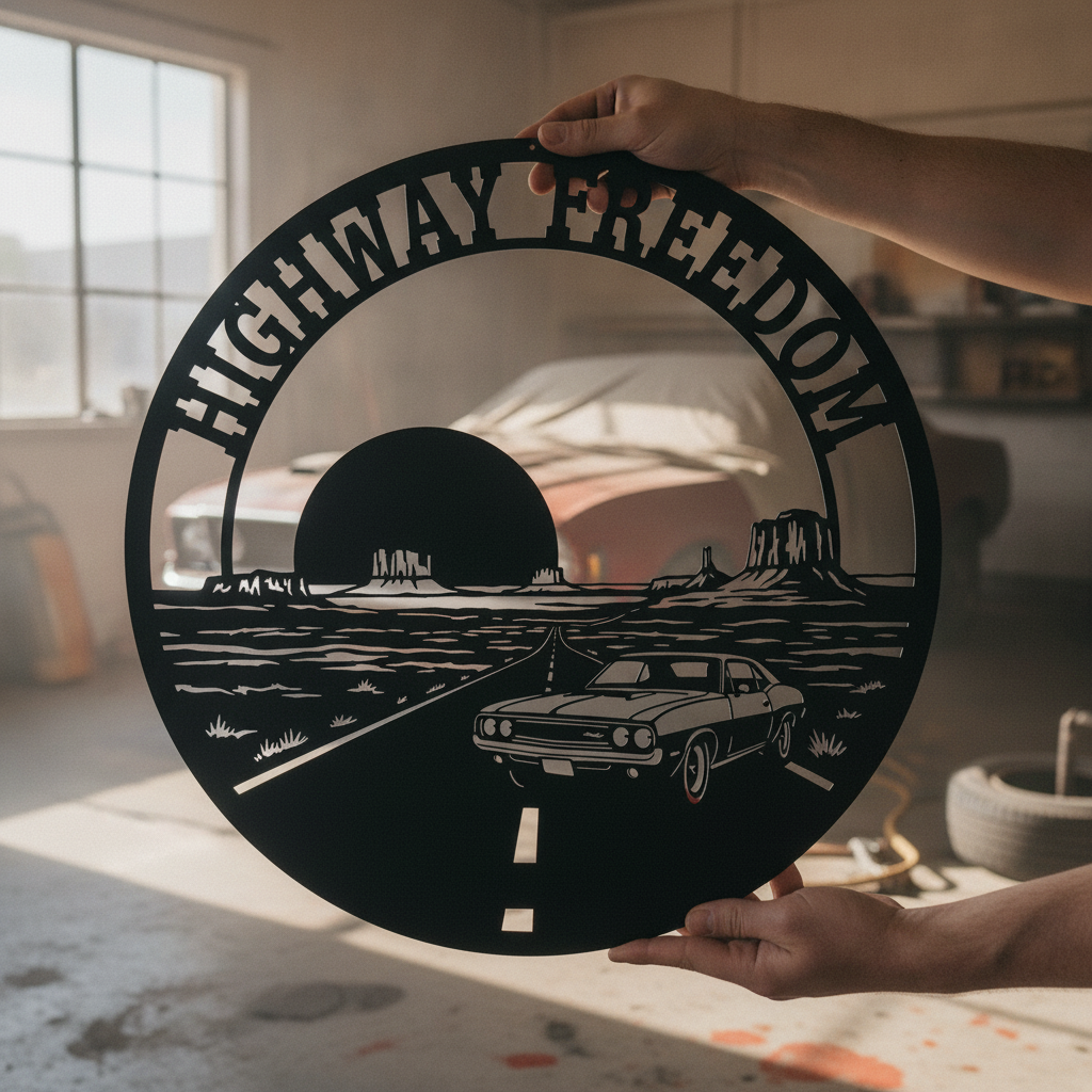 Rundes Route 66 Metallschild „Highway Freedom“ mit Muscle Car aus schwarzem Stahl
