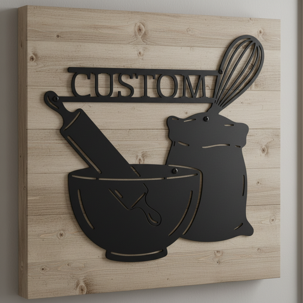 Personalized baking kitchen sign with mixing bowl, whisk and flour in black steel – image 10