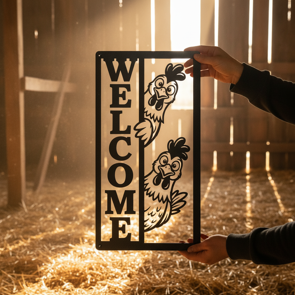 Vertical welcome sign with a peeking chicken in black steel – image 9