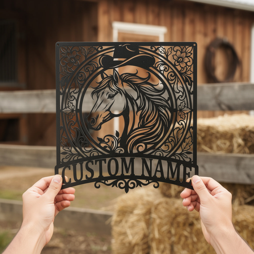 Personalized western horse metal sign with name in black steel – image 2