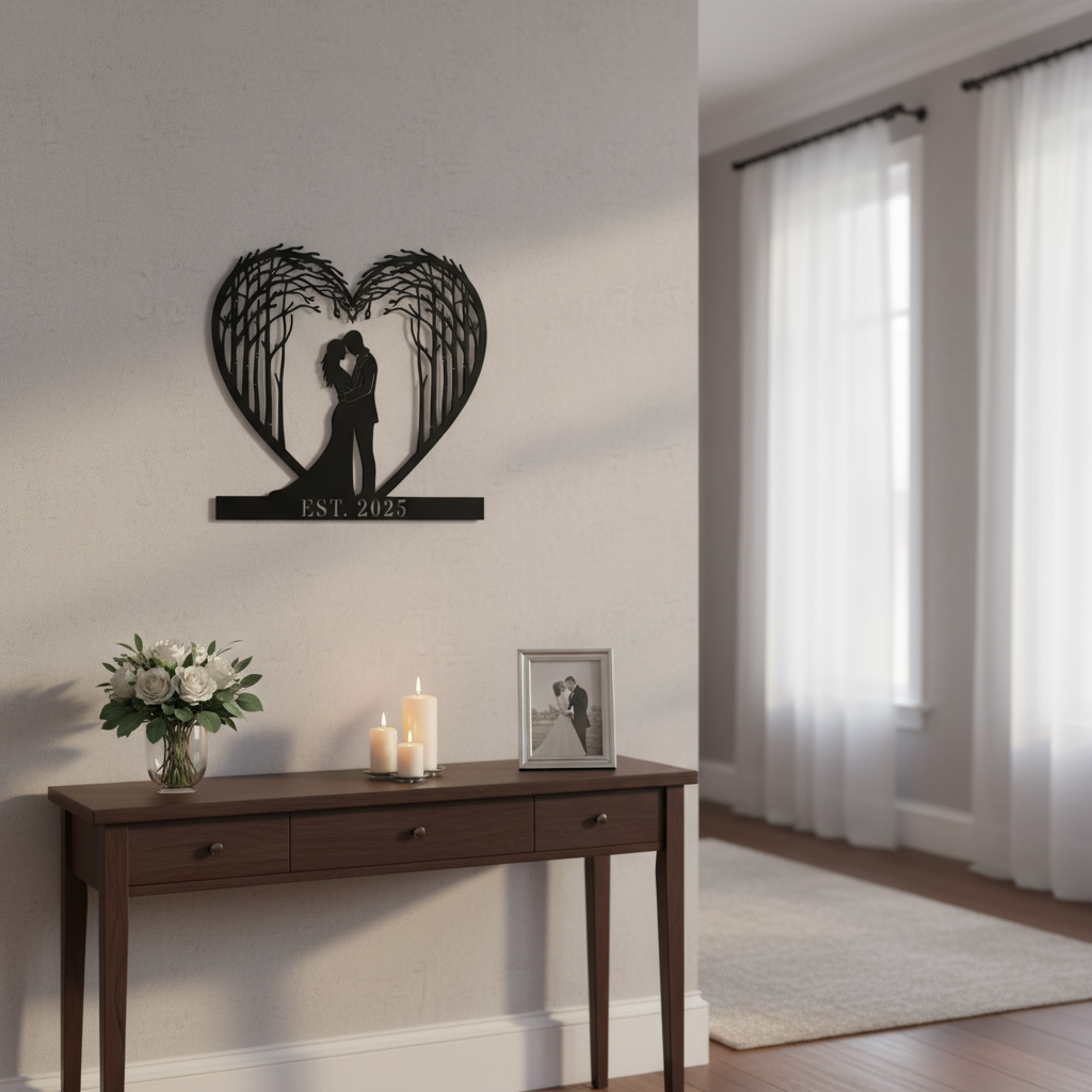Personalized couple tree metal sign with heart, names and year in black steel – image 3