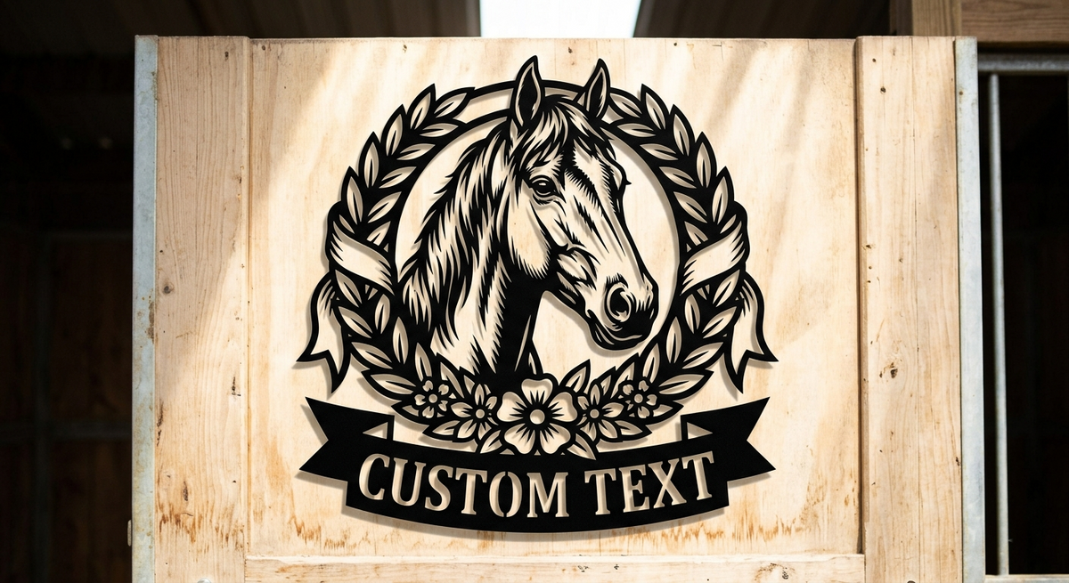 Personalized horse head metal sign with laurel wreath, flowers and name