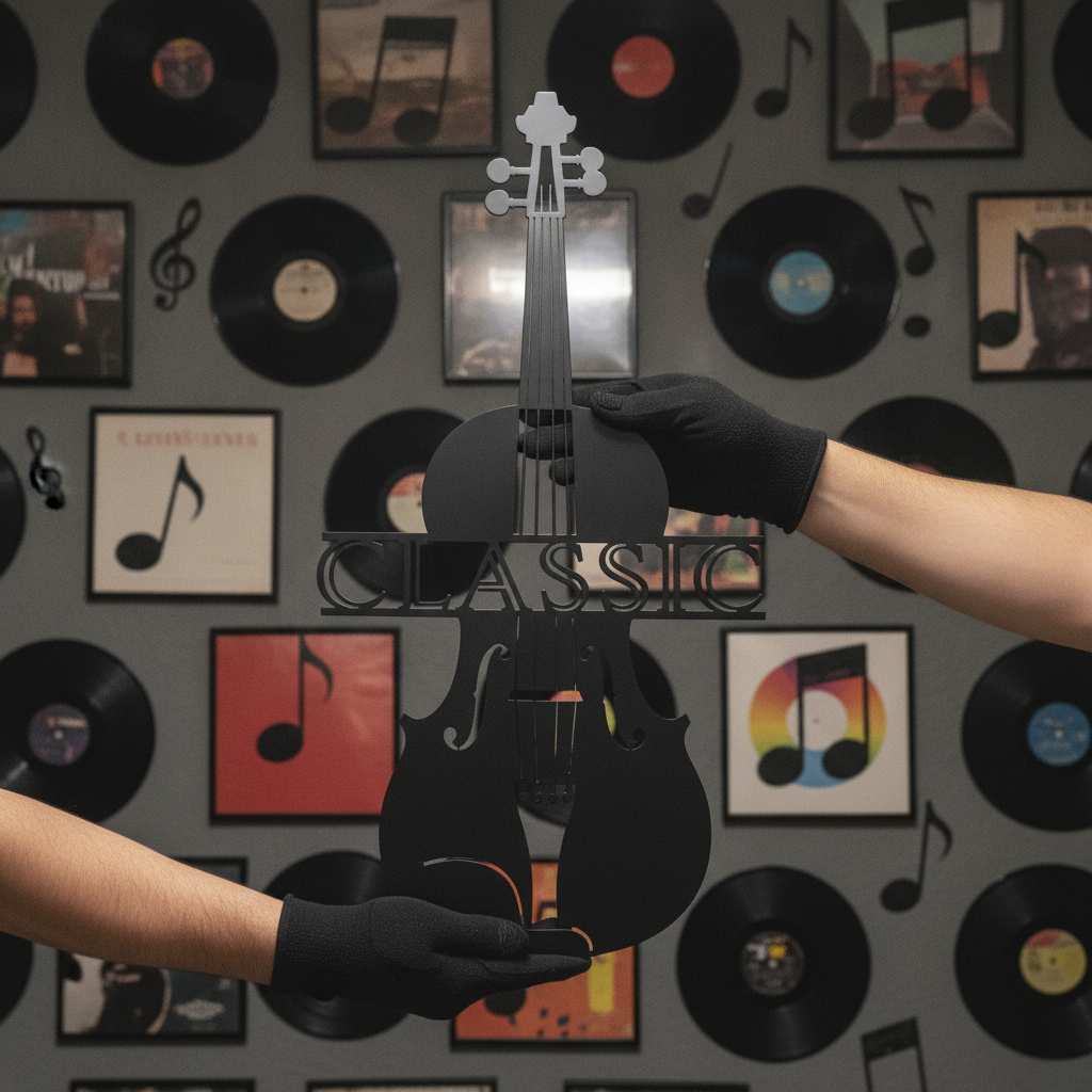 Violin with bow and music staff lines as black steel metal wall art – image 10