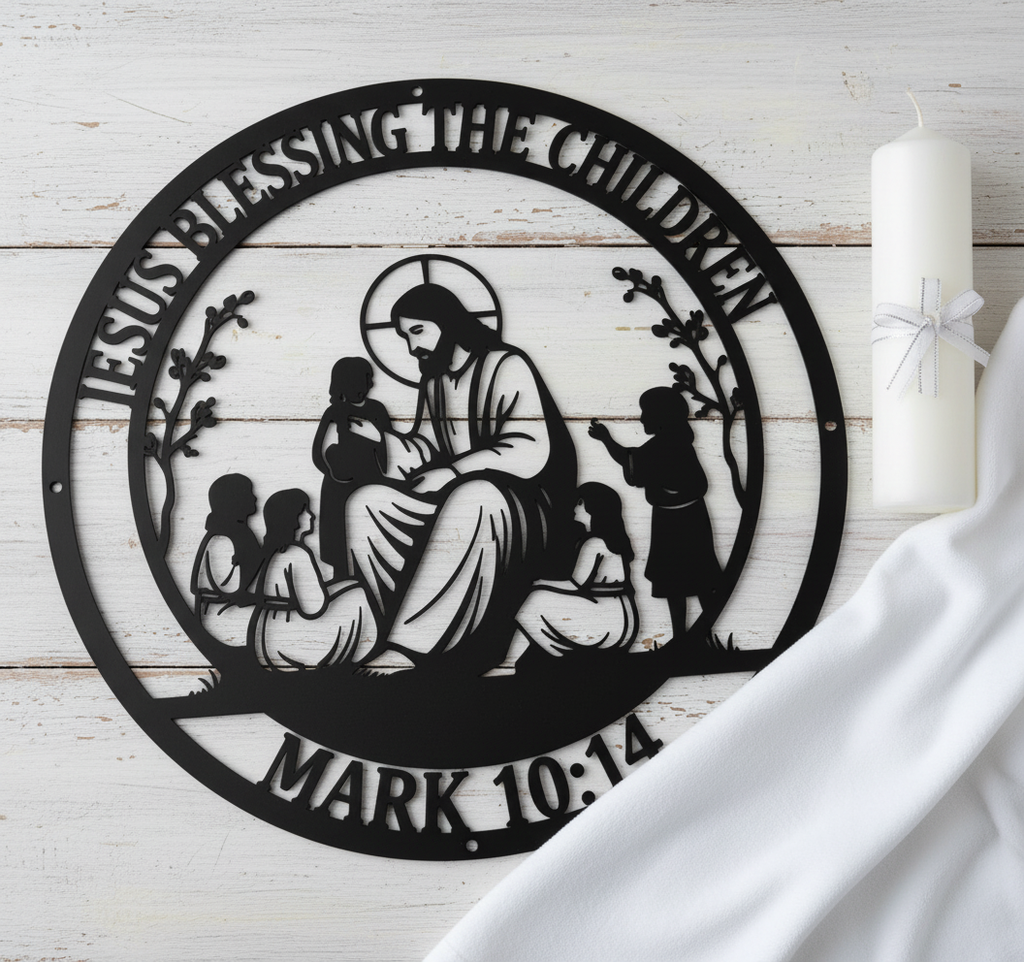 Jesus segnet die Kinder Markus 10,14 Metallschild rund – Bild 7