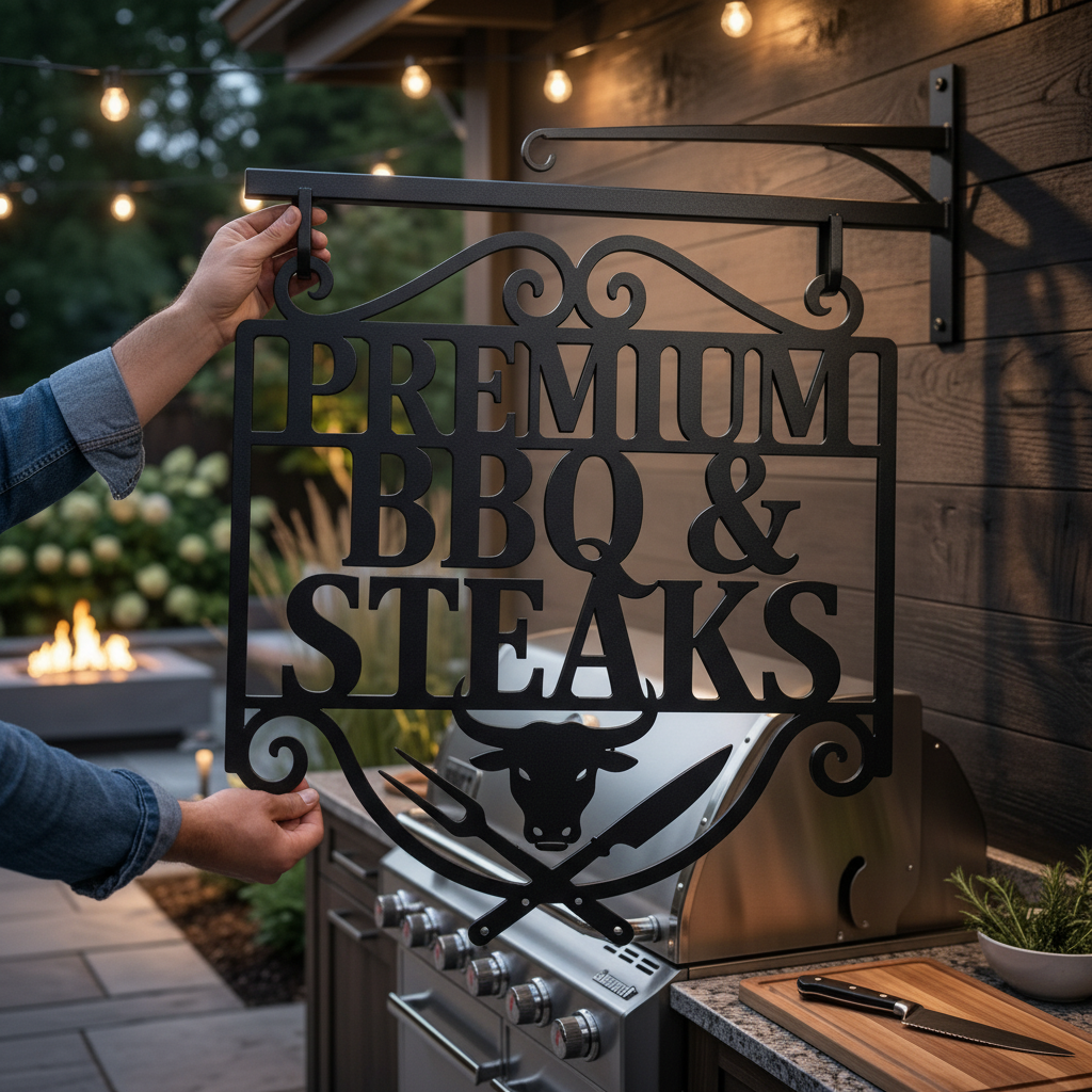 Personalized BBQ metal sign with bull head and name in black steel – image 5